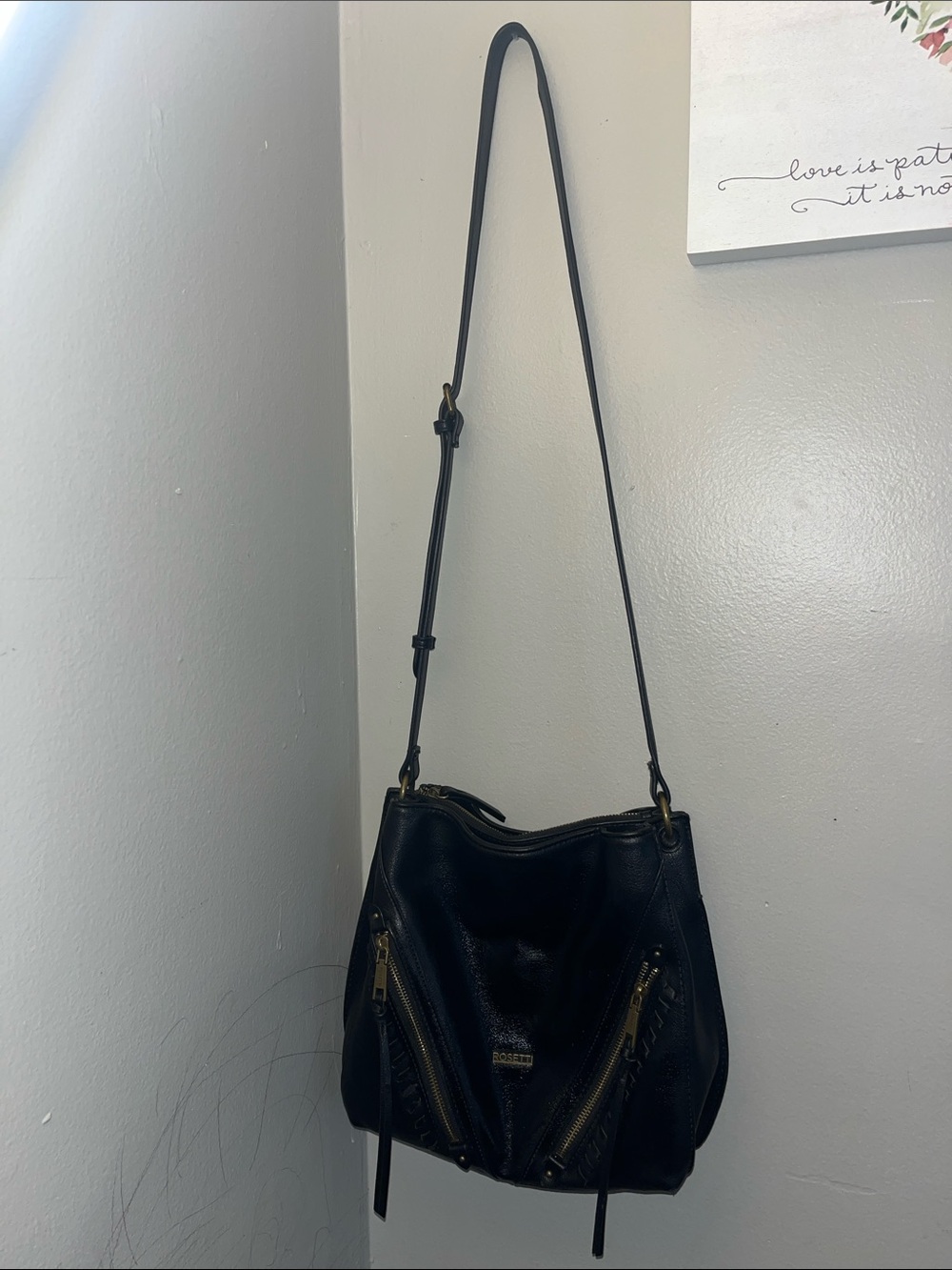 Rosetti Black Leather Shoulder Bag with Gold Accents